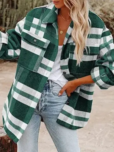 Khaki Plaid Button Flannel Shirt Jacket