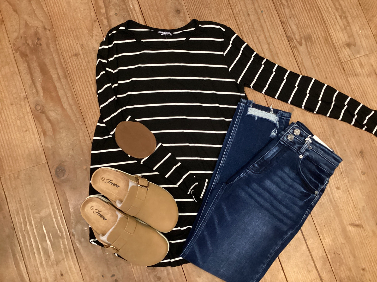 BLACK AND IVORY STRIPPED LONG SLEEVED WITH ELBOW PATCH