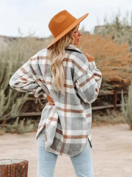 Khaki Plaid Button Flannel Shirt Jacket