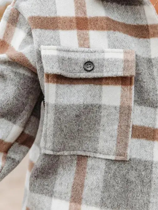 Khaki Plaid Button Flannel Shirt Jacket