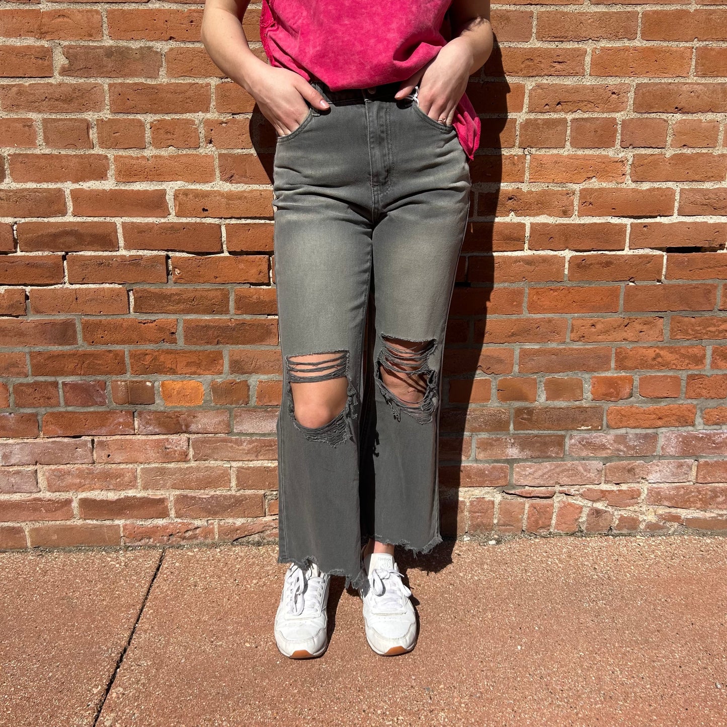 CUT LOOSE ASH BLACK HIGH RISE WASHED DISTRESSED CROPPED PANTS