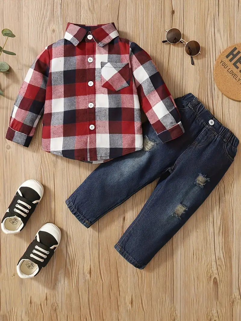 Boys Red & Blue Plaid and jeans set