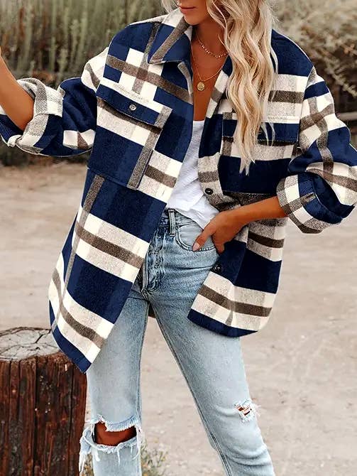 Khaki Plaid Button Flannel Shirt Jacket
