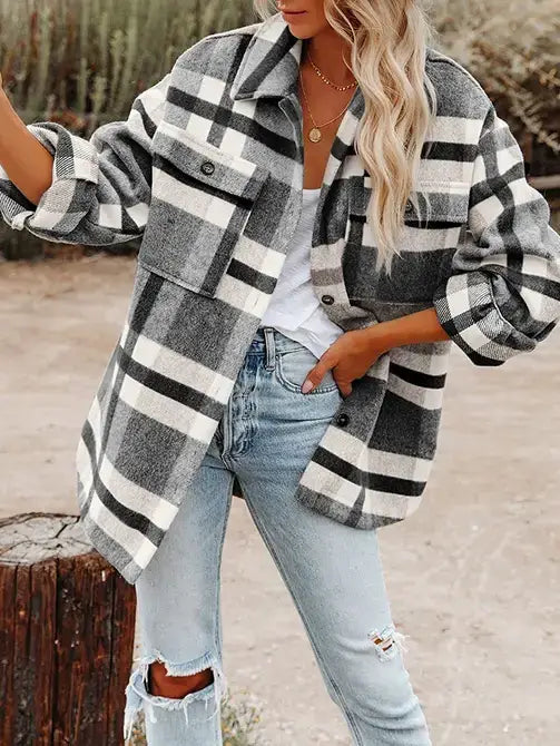 Khaki Plaid Button Flannel Shirt Jacket