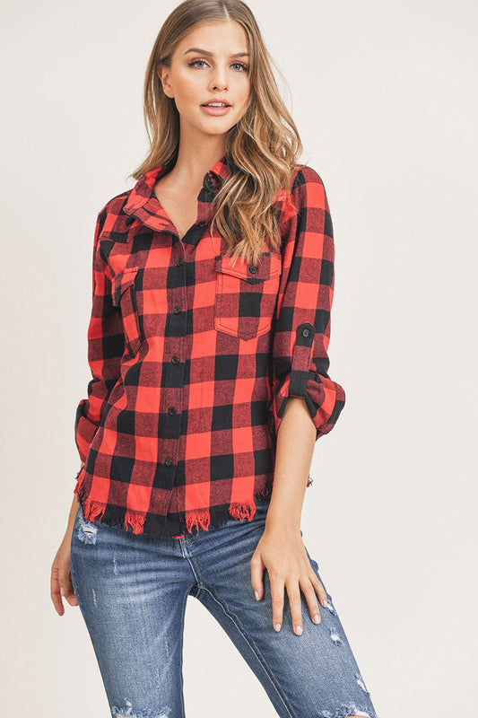 Curvy-Fray Hem Red Buffalo Plaid