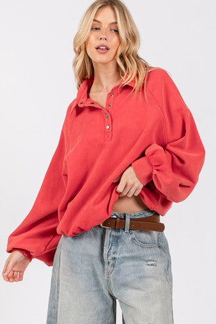 SNAP COLLARED MINERAL WASH SWEATSHIRT