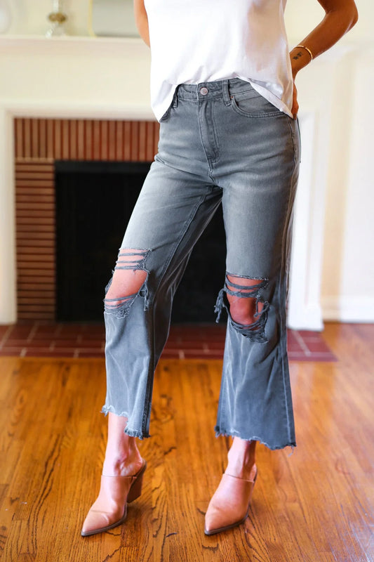 CUT LOOSE ASH BLACK HIGH RISE WASHED DISTRESSED CROPPED PANTS