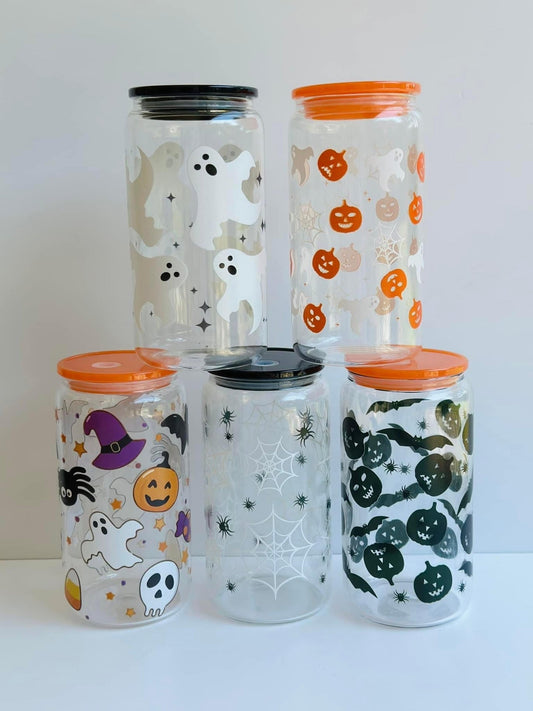 Black Pumpkins/bats Glass Can Cup
