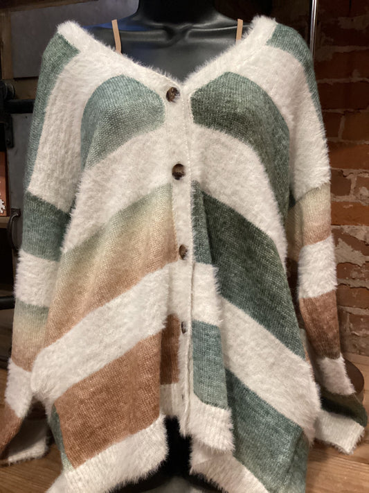 Button Down Stripe Fuzzy Cardigan