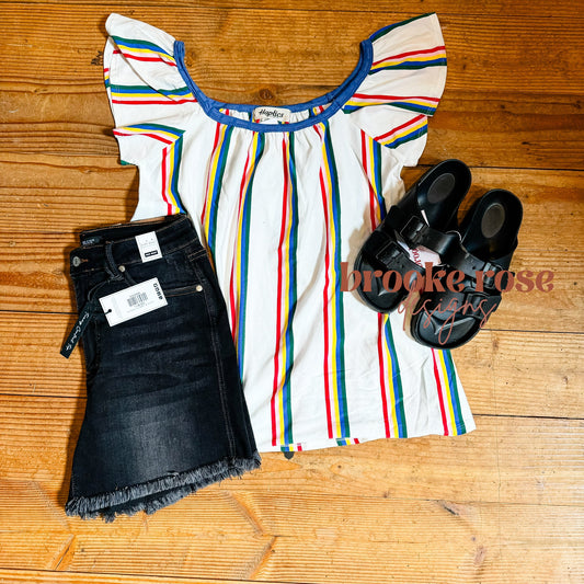 MULTICOLOR STRIPED FLUTTER SLEEVE TOP