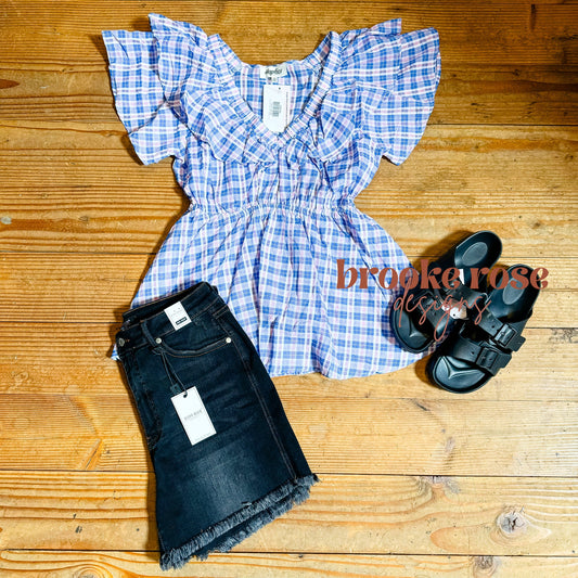 HELLO BEAUTIFUL BLUE PLAID RUFFLE BABYDOLL TOP