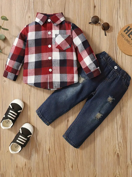 Boys Red & Blue Plaid and jeans set