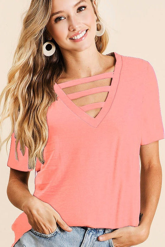 JERSEY KNIT V-NECK WITH STRAPPED FRONT