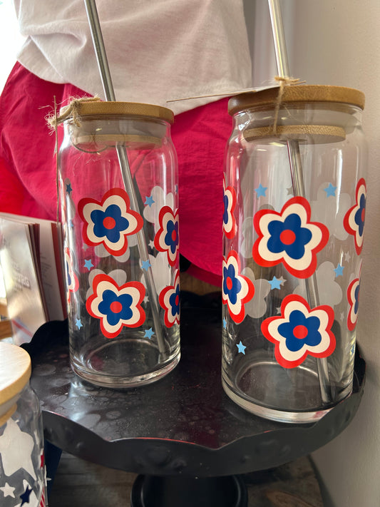 Patriotic Daisy glass tumbler